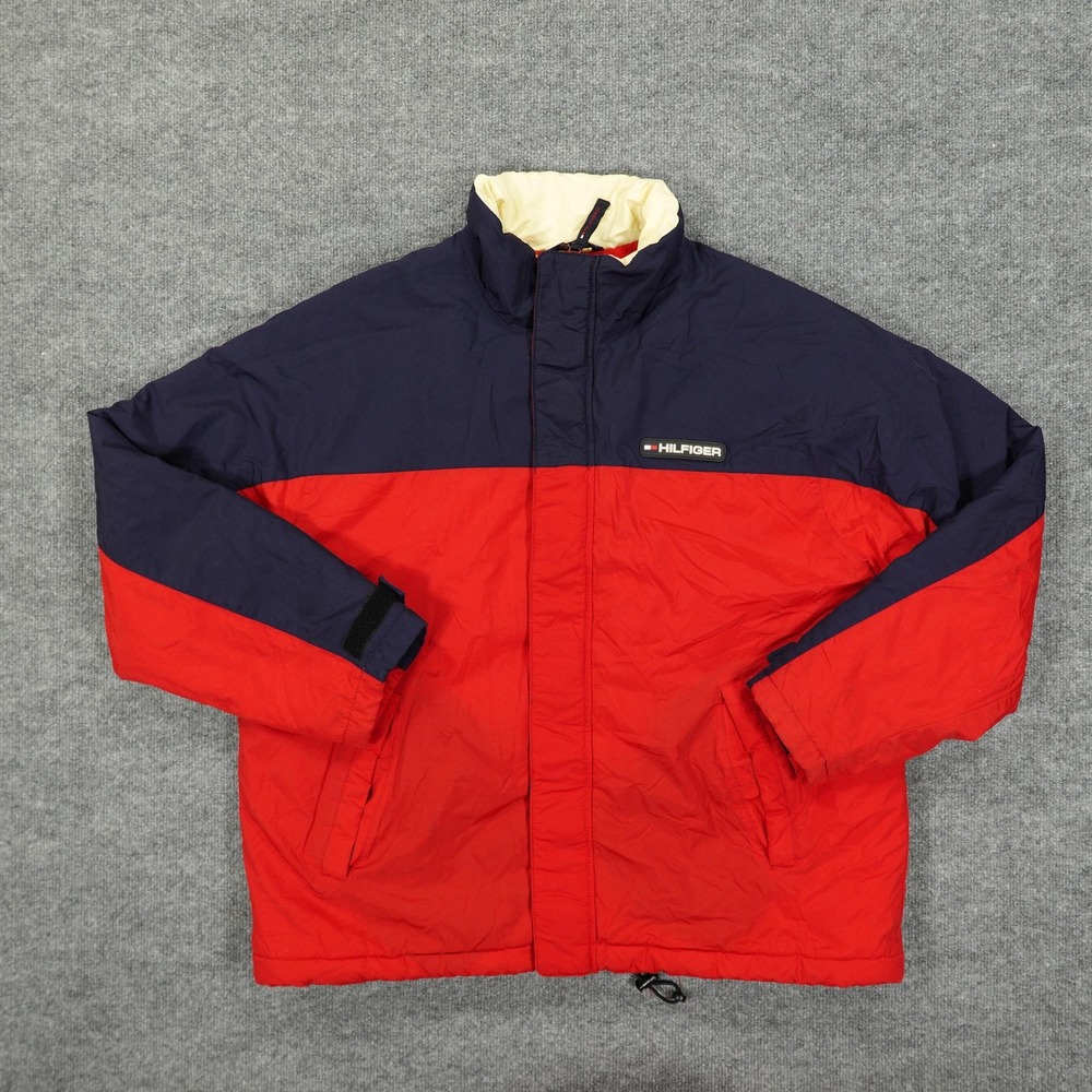 Vintage Tommy Hilfiger Jacket Men XL Red Navy Colorblock Puffer Ski Coat